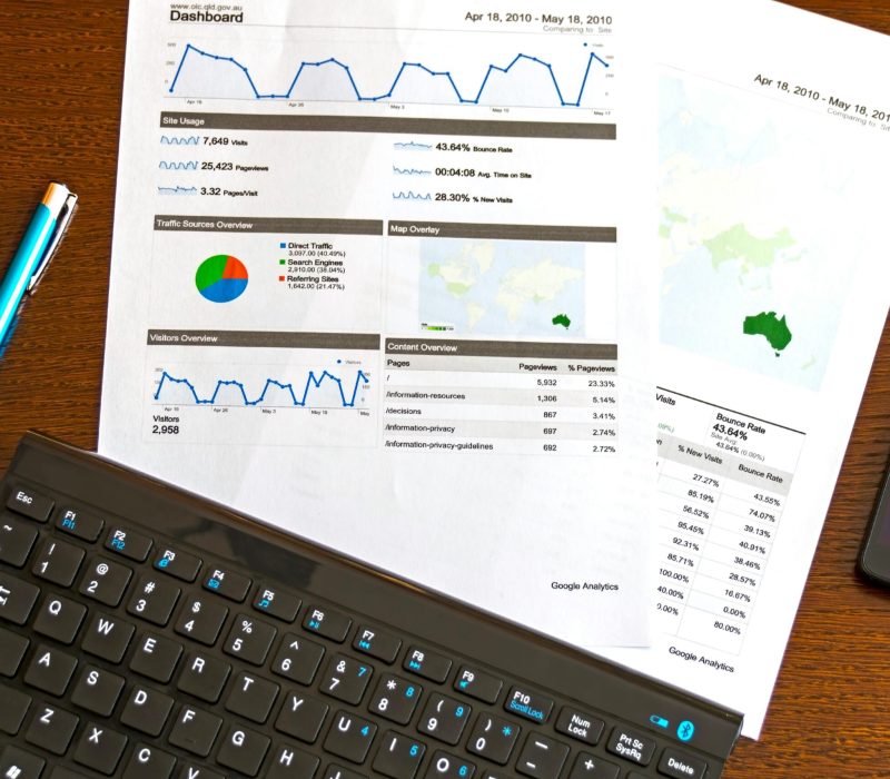 Flatlay of a business analytics report, keyboard, pen, and smartphone on a wooden desk.